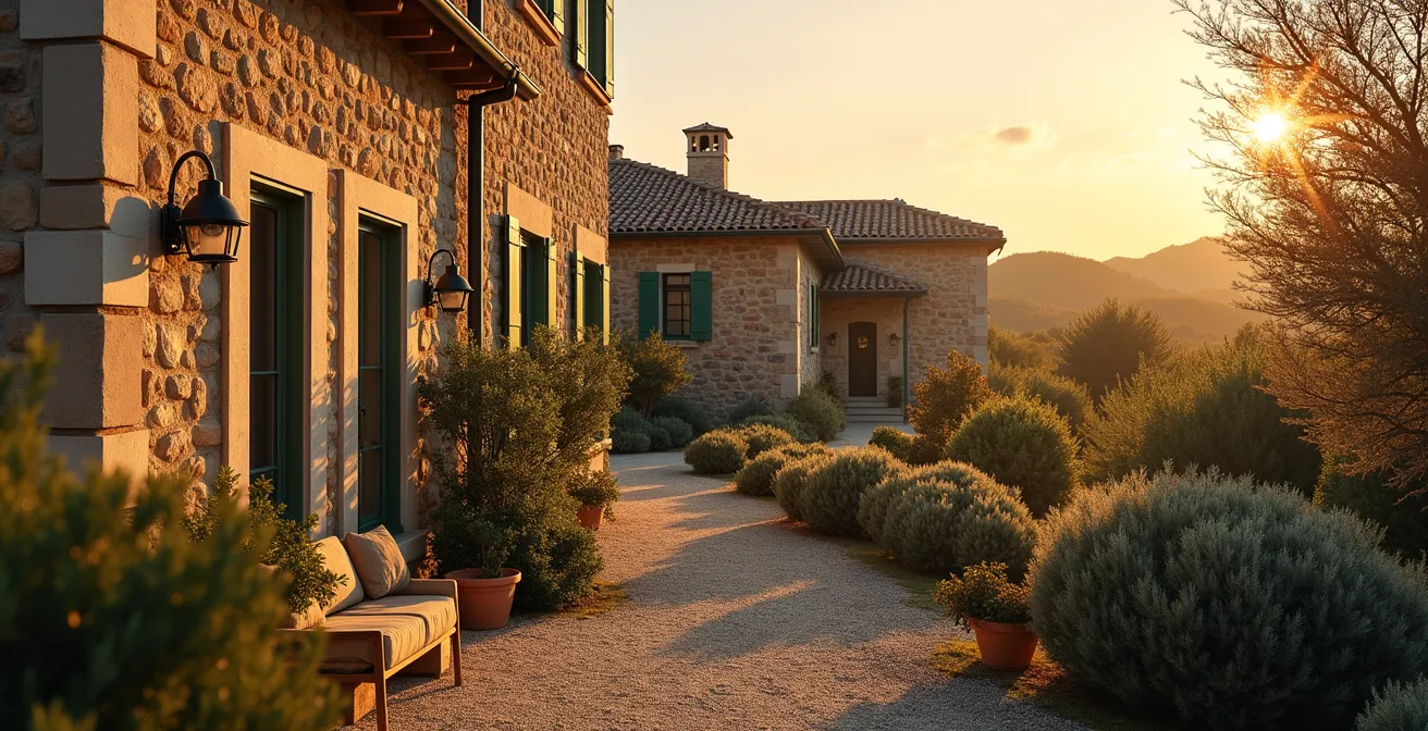 Maison ancienne en pierre avec végétation méditerranéenne typique du Vaucluse au coucher du soleil