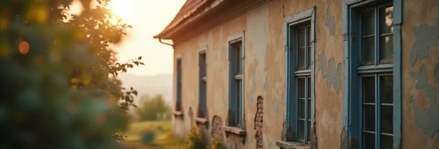 Photo réaliste d'une maison ancienne vue en lumière naturelle cinématographique, avec mise au point nette sur la façade et un arrière-plan flou naturel, mettant en avant l'idée d'efficacité énergétique et de rénovation énergétique