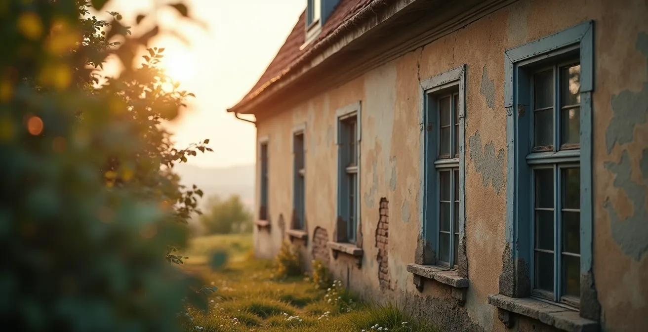 Photo réaliste d'une maison ancienne vue en lumière naturelle cinématographique, avec mise au point nette sur la façade et un arrière-plan flou naturel, mettant en avant l'idée d'efficacité énergétique et de rénovation énergétique
