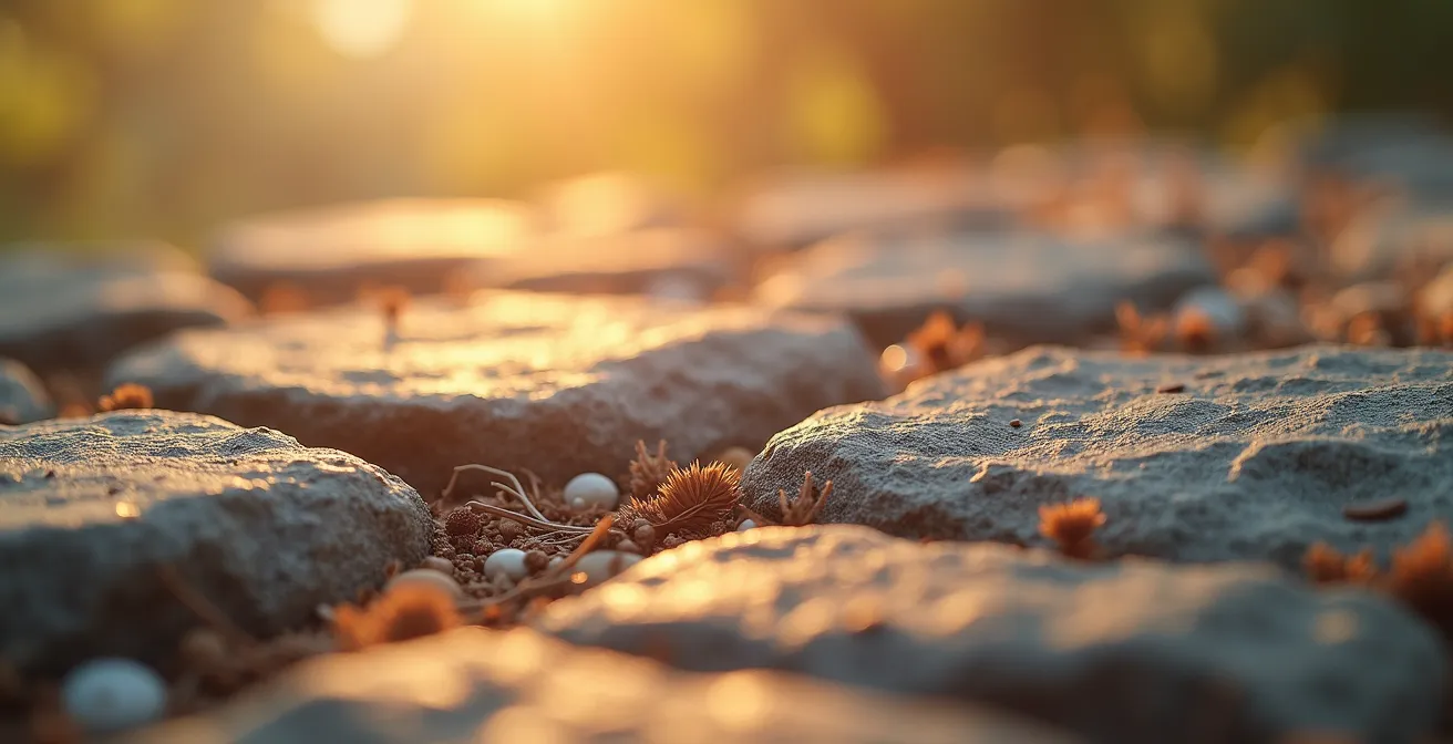 Vue conceptuelle abstraite représentant la réglementation énergétique en Vaucluse avec textures naturelles et lumière douce
