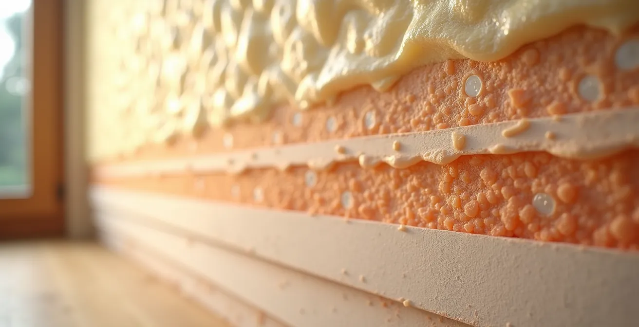 Photo macro d’un détail d’isolation thermique sur un mur, montrant textures des matériaux avec lumière naturelle diffuse