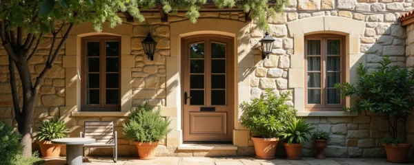 Photographie réaliste d'une maison ancienne en pierre du Vaucluse avec lumière naturelle douce, textures fines de la pierre et végétation méditerranéenne autour, composition équilibrée avec espace négatif