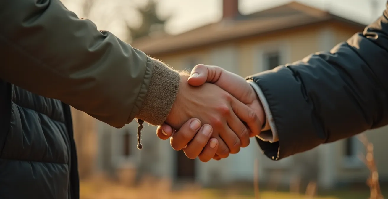 Photo symbolique d’une poignée de main entre deux personnes devant une maison ancienne mal isolée en arrière-plan