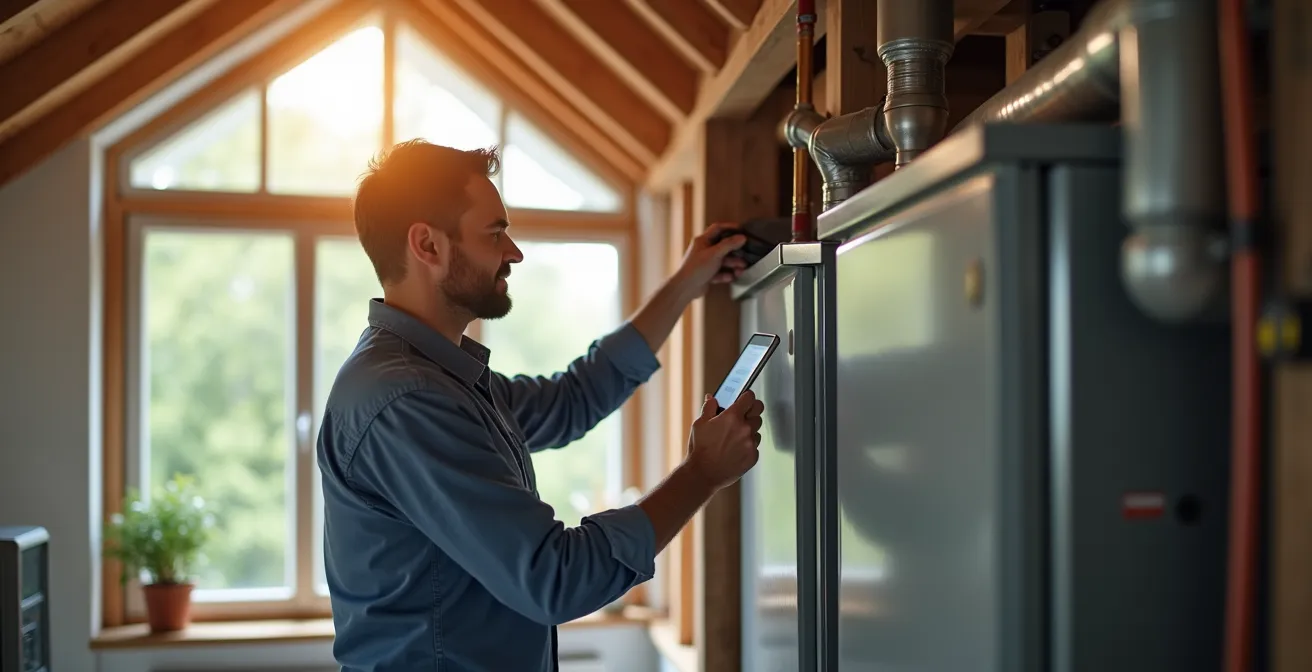 Photo réaliste d’un professionnel en visite d’audit énergétique à l’intérieur d’une maison, examinant les équipements de chauffage