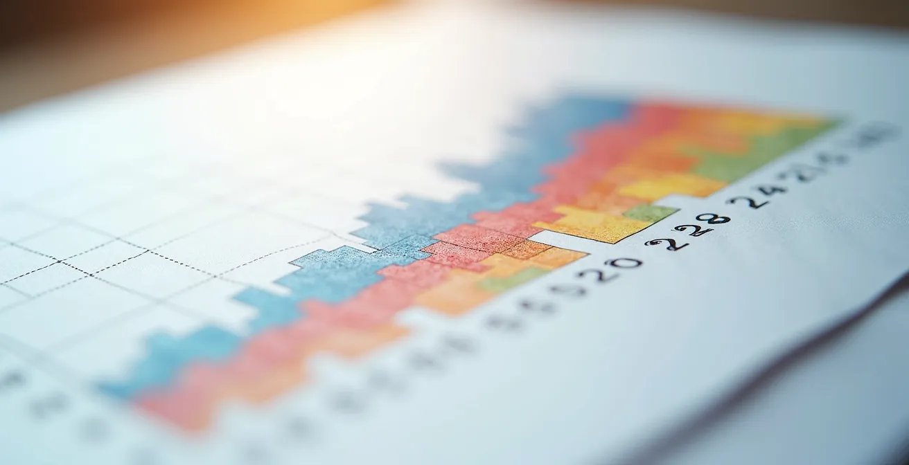 Détail macro d’un graphique présentant la répartition des classes énergétiques A à G en segmentation colorée avec effets de lumière naturelle