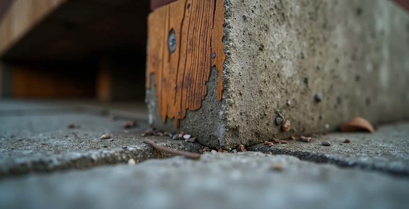 Gros plan sur la jonction entre fondation et structure d'une maison montrant des détails de matériaux