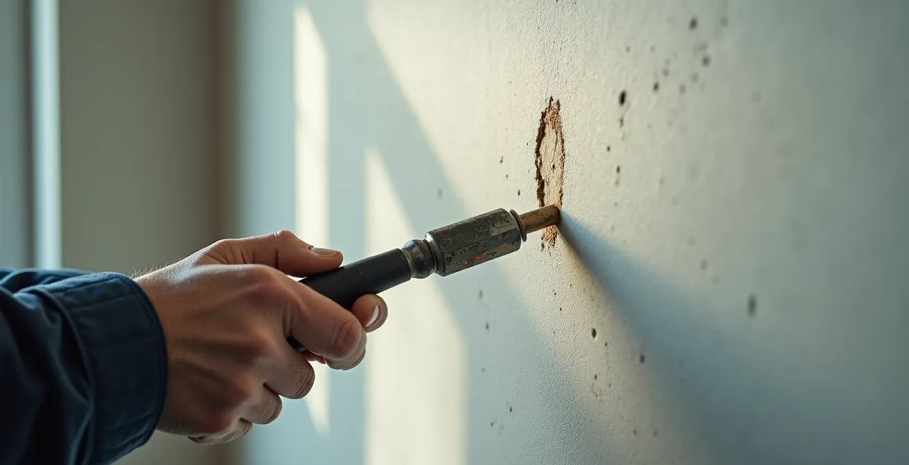Main d'expert sondant un mur avec rénovation récente pour détecter des défauts cachés