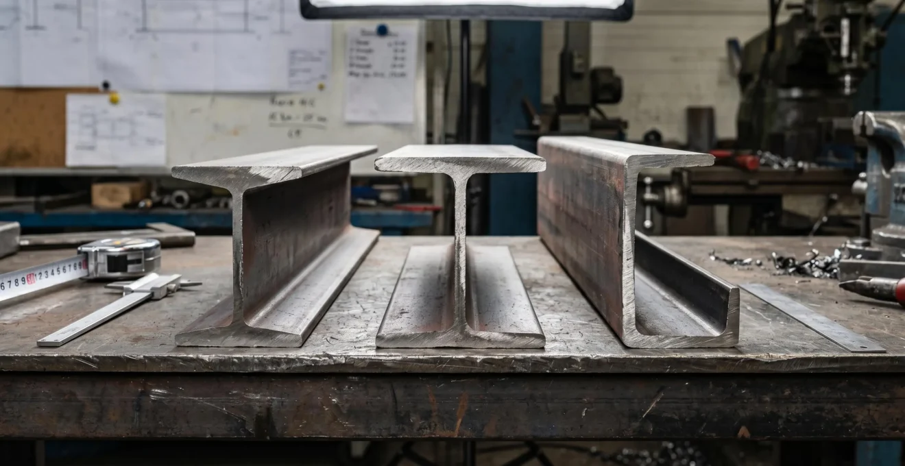 Comparaison rapprochée de trois profils métalliques - IPN à ailes inclinées, HEB à ailes larges parallèles et UPN en U - sur établi atelier métallerie