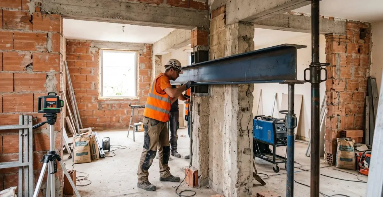 Ouvrier en équipement de sécurité installant une poutre IPN métallique dans un mur porteur ouvert sur chantier de rénovation résidentielle, avec outils professionnels et structure béton visible