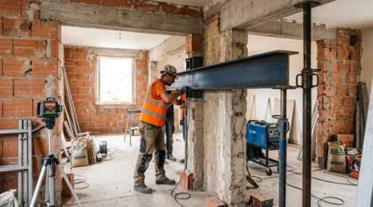 Ouvrier en équipement de sécurité installant une poutre IPN métallique dans un mur porteur ouvert sur chantier de rénovation résidentielle, avec outils professionnels et structure béton visible