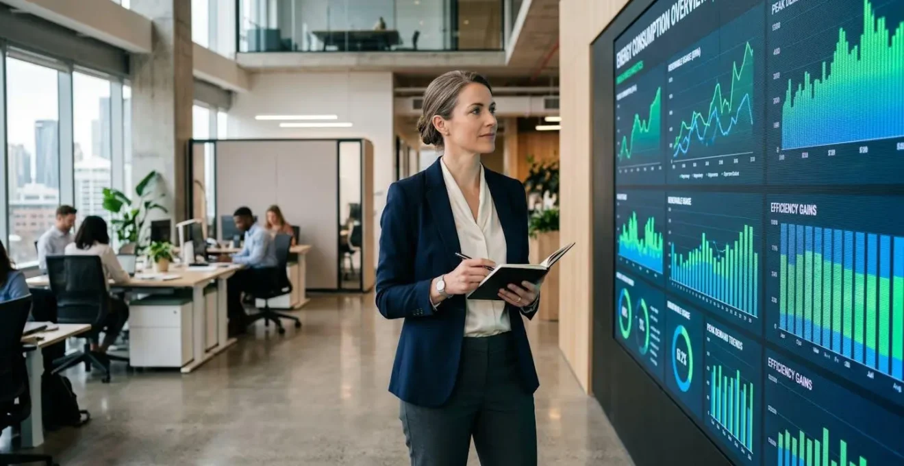Responsable RSE debout devant un tableau de bord de consommation énergétique dans un open space lumineux
